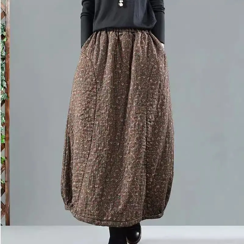 

2023 New Retro Art Floral Cotton And Linen Skirt Elastic Waist Thickened Warm Mid Length Quilted Skirt Winter Warm Faldas z4172