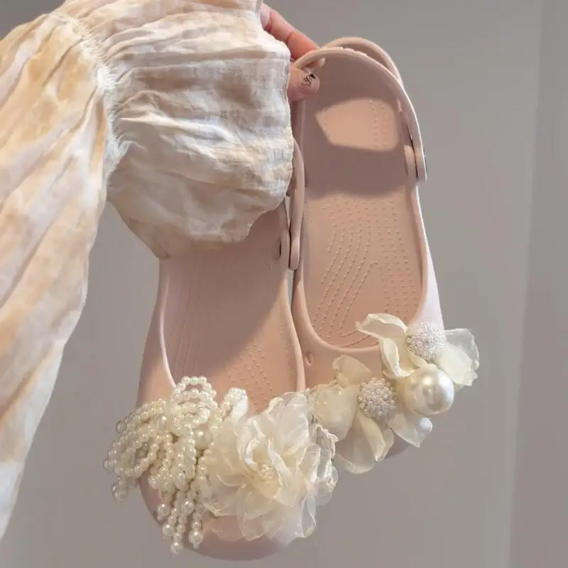 Korean Style Pearl Bowknot Pink Ballet Clogs Accessories Women Brand Mesh Camellia Shoes Charm Set Balletcore Clogs Decorations