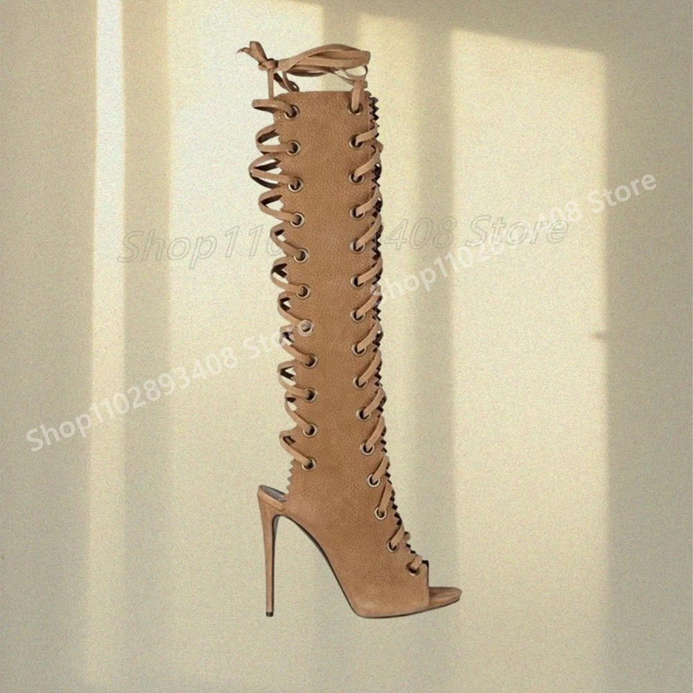 Sandalias de diseño hueco con tiras de color caqui, botas con cordones, tacón alto de aguja, elegantes, Retro, zapatos de Mujer Para niñas, verano 2025