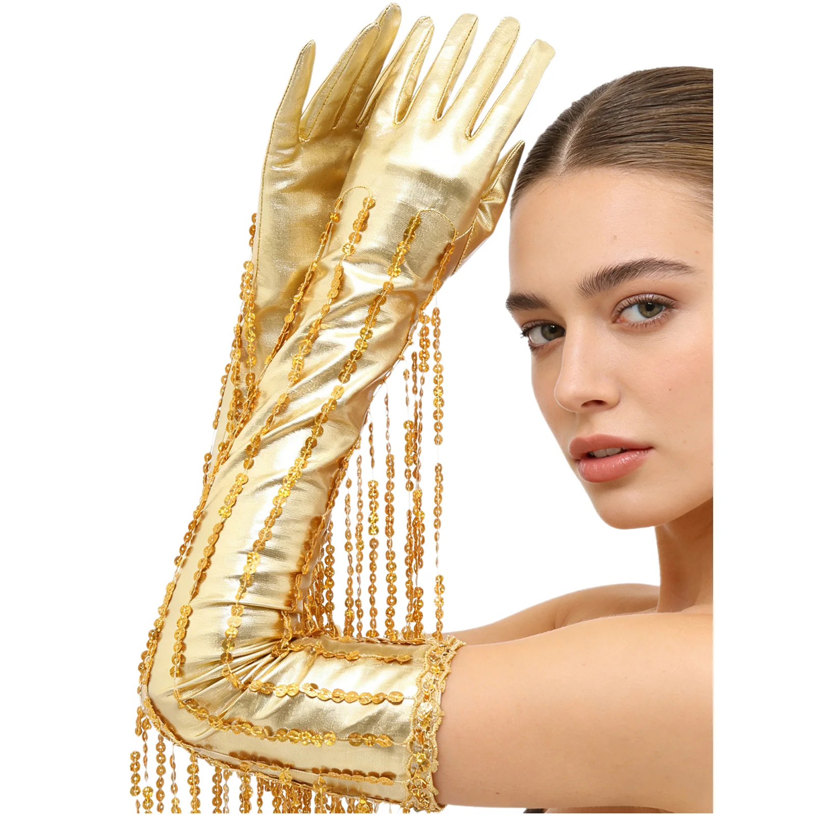 Shiny Sequin Fringe Gloves Metallic 1920s Opera Tassels Long Gloves Mittens Prom Stage Performance Accessories for Women Adult