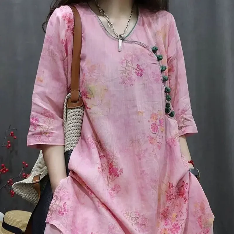 Chemisier à fleurs rose à col rond pour femmes, chemises Ramie, demi-manche, décontracté, mode estivale, niche, nouveau