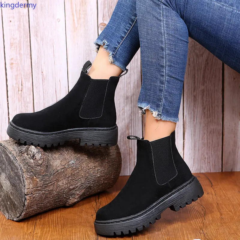 Women's Chelsea Boots Faux Suede Platform Ankle Boot for Women Retro Khaki Med Heels Short Botas Mujer Shoes Womens Boot Autumn