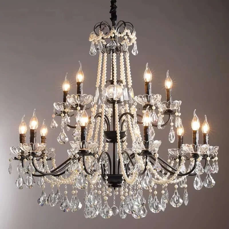 

American Luxury Crystal Chandeliers Medieval Living Room Bedroom Restaurant Black Retro Pendant Lamp Countryside Light Fixtures