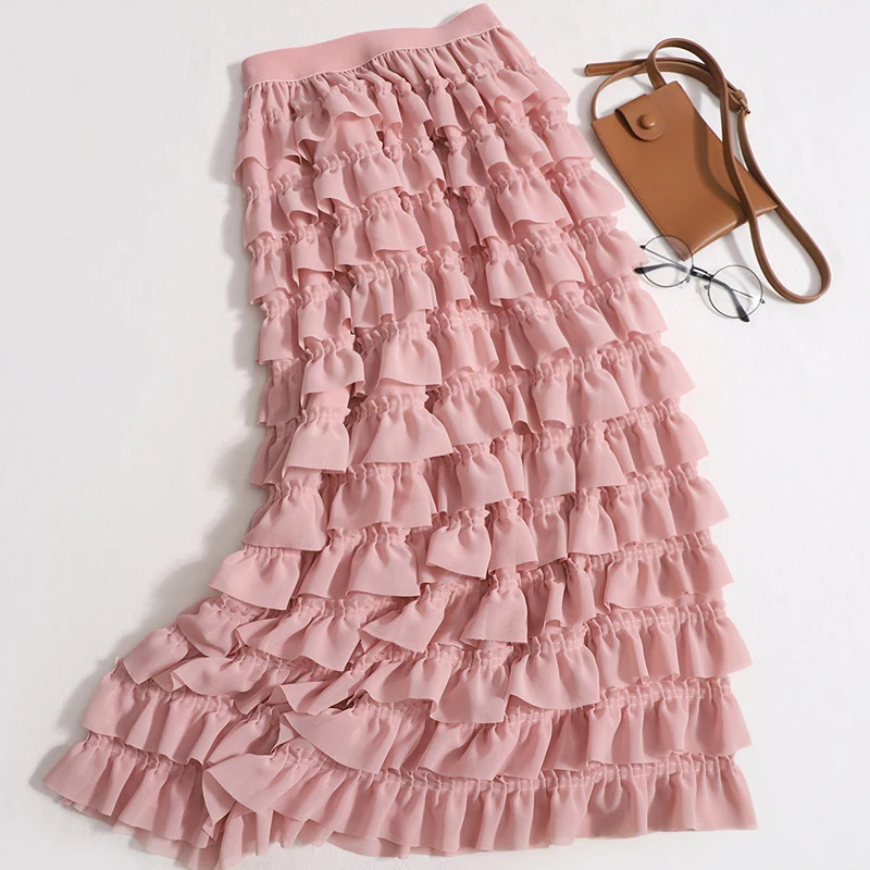 ITOOLIN Women Chic Ruffles Chiffon Skirt Elegant Office High Waist Cute Skirt Casual For Women Party Mid Length Skirt Summer