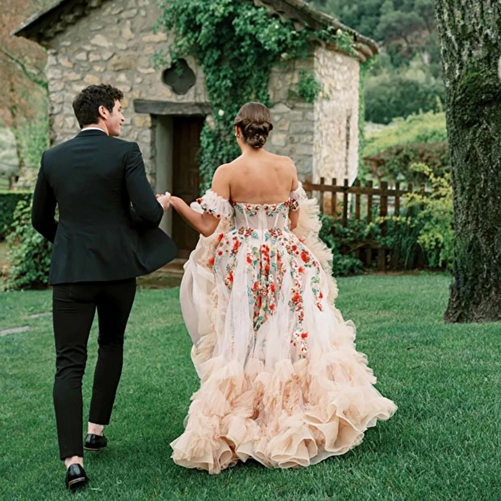 Robe de Mariée Bouffante en Tulle et à Épaules Dénudées, Personnalisée, avec Superposition de Fleur, pour Patients