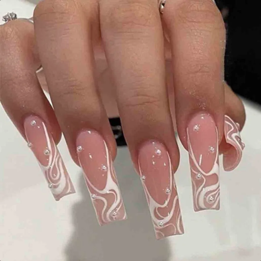 

Square Pr on Nails Long Pearl Pink Fake Nails Acrylic False Nails Artificial Nails for Women and Girls 24 pcs