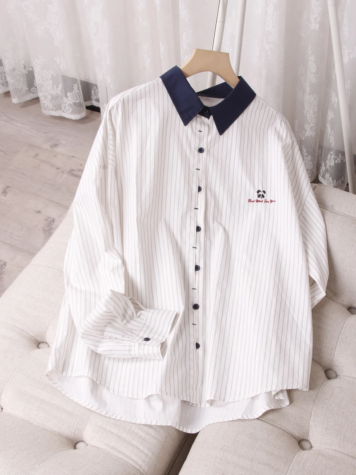 Pure Cotton Panda Motif Loose-Fit Women's Shirt White Stripe Navy Blue Collar Best Wish For You Casual Comfort-Chic