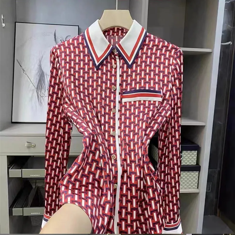 Camicia di seta di raso di alta qualità da donna 2024 nuova primavera estate Top in seta di gelso a maniche lunghe con camicette a camicia Patchwork a righe