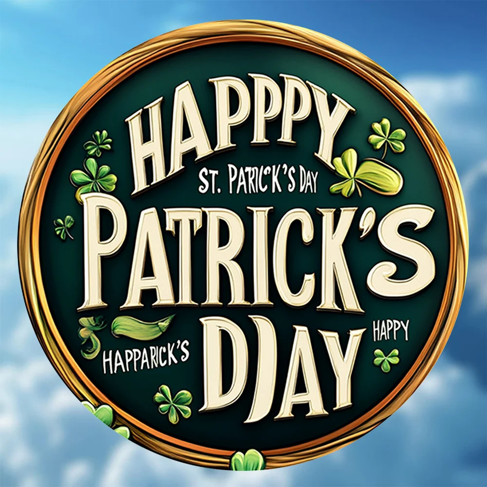 Letrero de aluminio redondo de 8 pulgadas de inspiración vintage de Happy St. Patrick's Day con fondo verde oscuro, marco dorado y detalles de trébol -