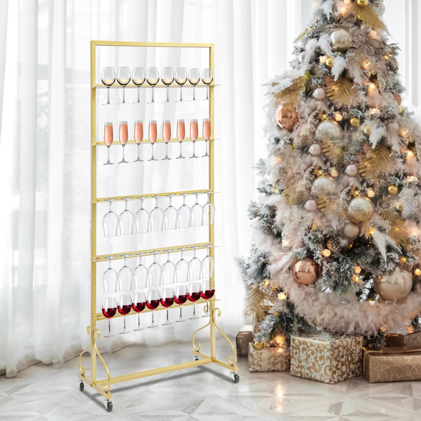 

5-Tier Champagne Glass Rack, 4 Rolling Casters with Brakes, Holds 40 Glasses, Triangular Base Design for Anti-Tip Stability