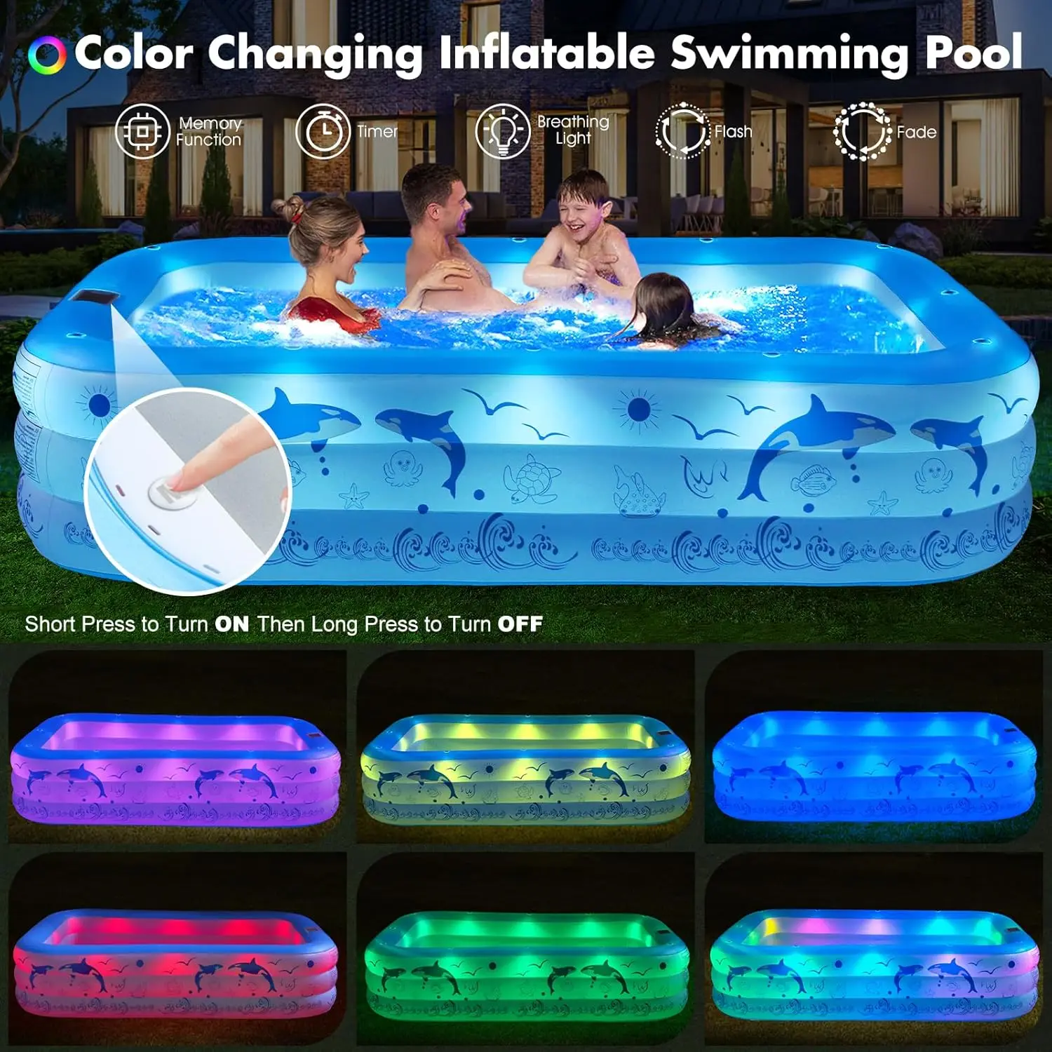 Inflatable Pool with Lights,2024 Upgraded Family Inflatable Swimming Pool for Kids,Adults, BlowUp Pool Solar Powered,Large Kiddl