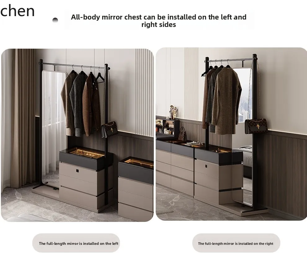 ZML Chest of Drawers and Coat Rack Integrated with Rotatable Bedroom Clothes Rack, Lockable and Lighted Storage Cabinet