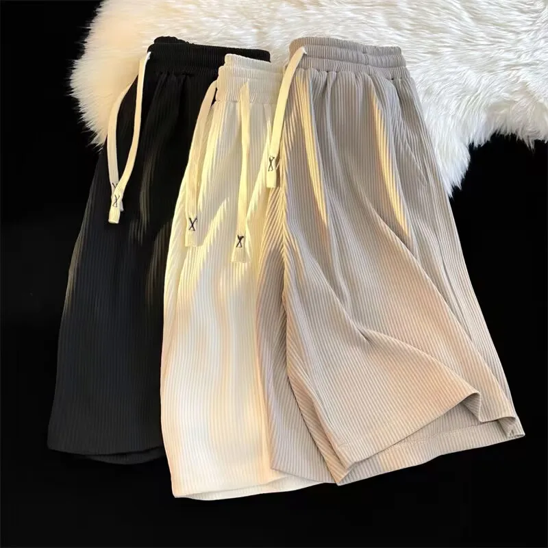 

Ice Silk Men's orts Summer Thin Breathable Five-Quarter Casual Loose Spor Youth Faion High Waist Elastic Fiber Polyester