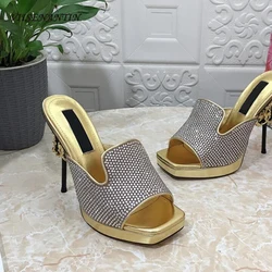 Metal High Heel Sexy Ladies Slipper Shoes Full Diamond Bling Bling Luxury Wedding Party Sapatos Nightclub Amazing Summer Sandal