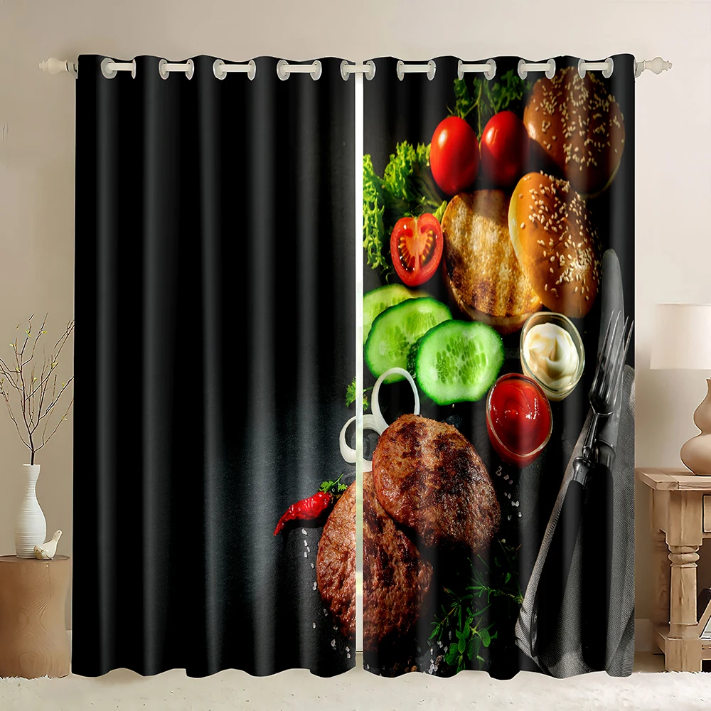 

Food Window Curtain,Delicious Dessert Bread Meatloaf Cheese Beef Blackout Curtain Rod Pocket Fruit Vegetable Window Curtains