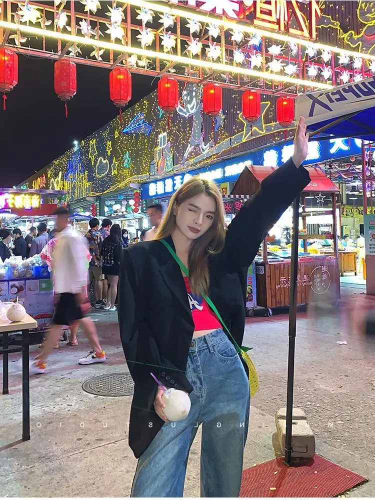 

Women'S Blazer Coat Overcoat Female Suiting Belly Petal Ulzzang Baggy Young Asymmetry Basics Printting Advanced Thinner Dopamine