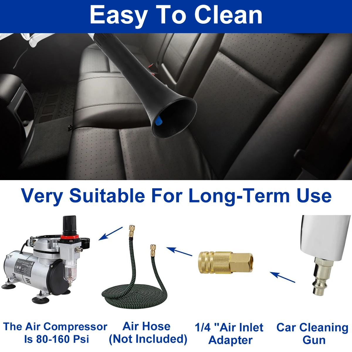 1/4 inch Air Blow Car Wash Gun Efficient Dry Cleaning Gun High Pressure Professional Car Interior Cleaning Tools with 2 Nozzles