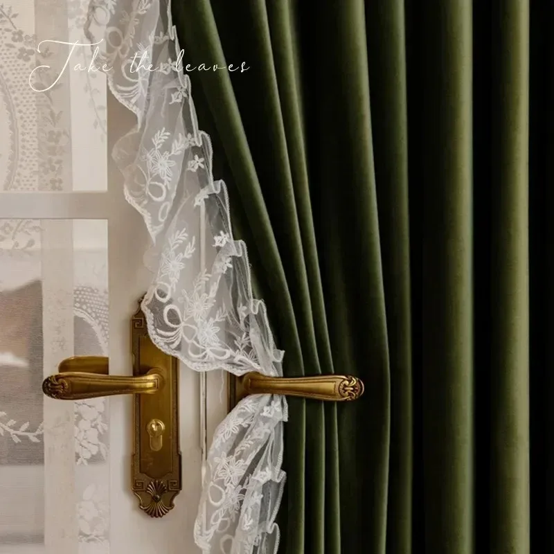 Retro Curtains New French Luxury Curtains for Living Dining Balcony Blackout Blue Velvet Cloth Curtains Decor White Tulle Thick