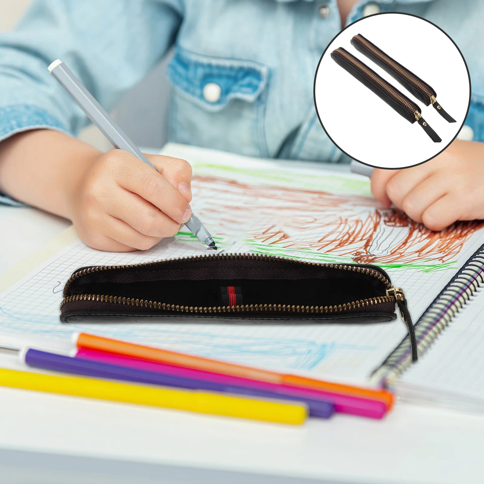 

2Pcs Vintage PU Pencil Case Small Organizer Bag Mini Portable Zipper Pen Pouch Stationery Holder for Office Meetings Travel