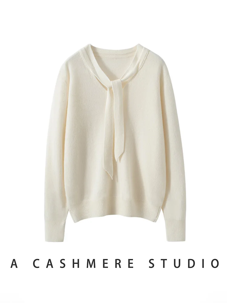ผู้หญิง 100% เสื้อกันหนาวแคชเมียร์ริบบิ้น V คอออกแบบ Pullovers ฤดูใบไม้ร่วงฤดูหนาว Retro Retro สไตล์นุ่มเสื้อถักเสื้อผ้า Tops High-end