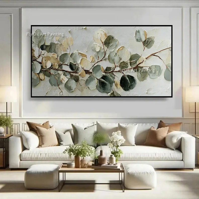 Textured Eucalyptus Branch Canvas Art, Handcrafted Floral Oil on Canvas, Muted Sage‑Green Large Horizontal Nature Wall Piece