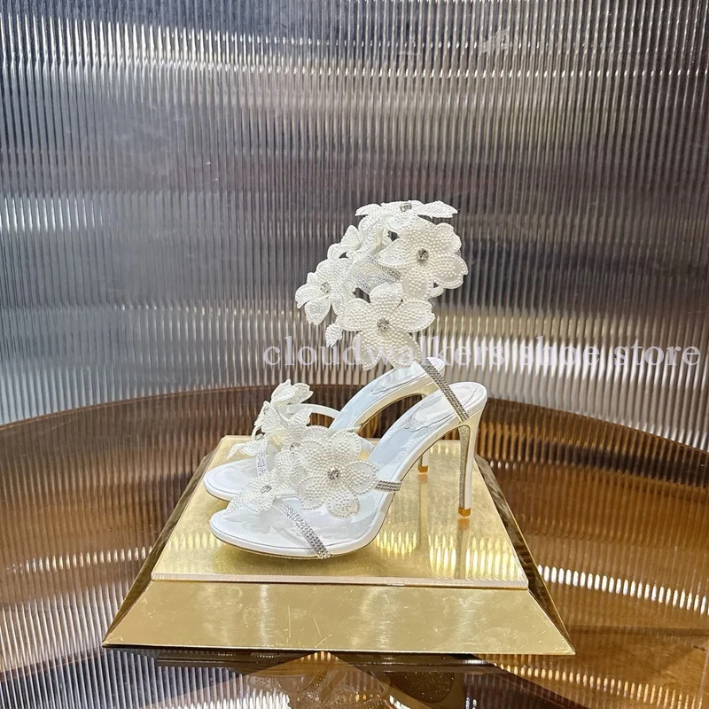 Summer Shiny Pearl Rhinestone Inlay Lace Flower Decor Gladiator Sandals Sexy Wrap Ankle Strap Stiletto Sandal Bride Wedding Shoe