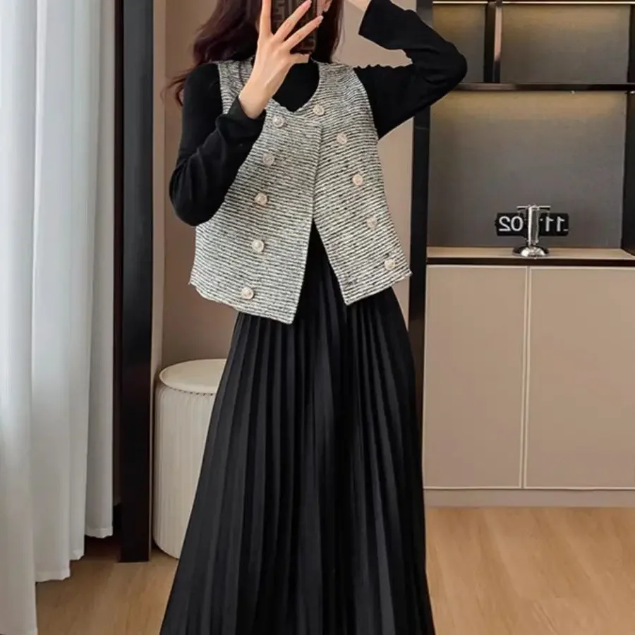 Fashion Vest Dress Two Piece Set for Women's Autumn and Winter Korean Version New Temperament Pleated Long Dress Set