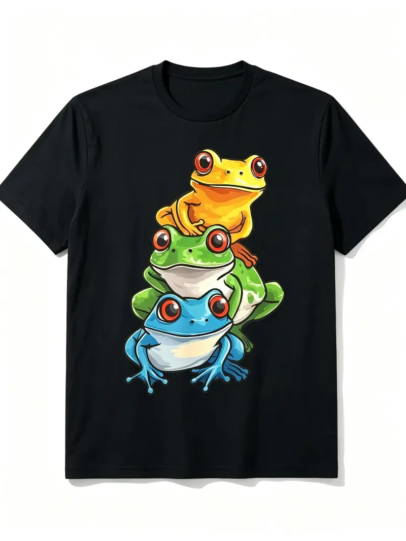 Stacked Colorful Frogs Graphic T-shirt Unisex Cotton Short Sleeve Round Neck Casual Tee Cute Cartoon Frog Print Animal Lover Aesthetic Tops