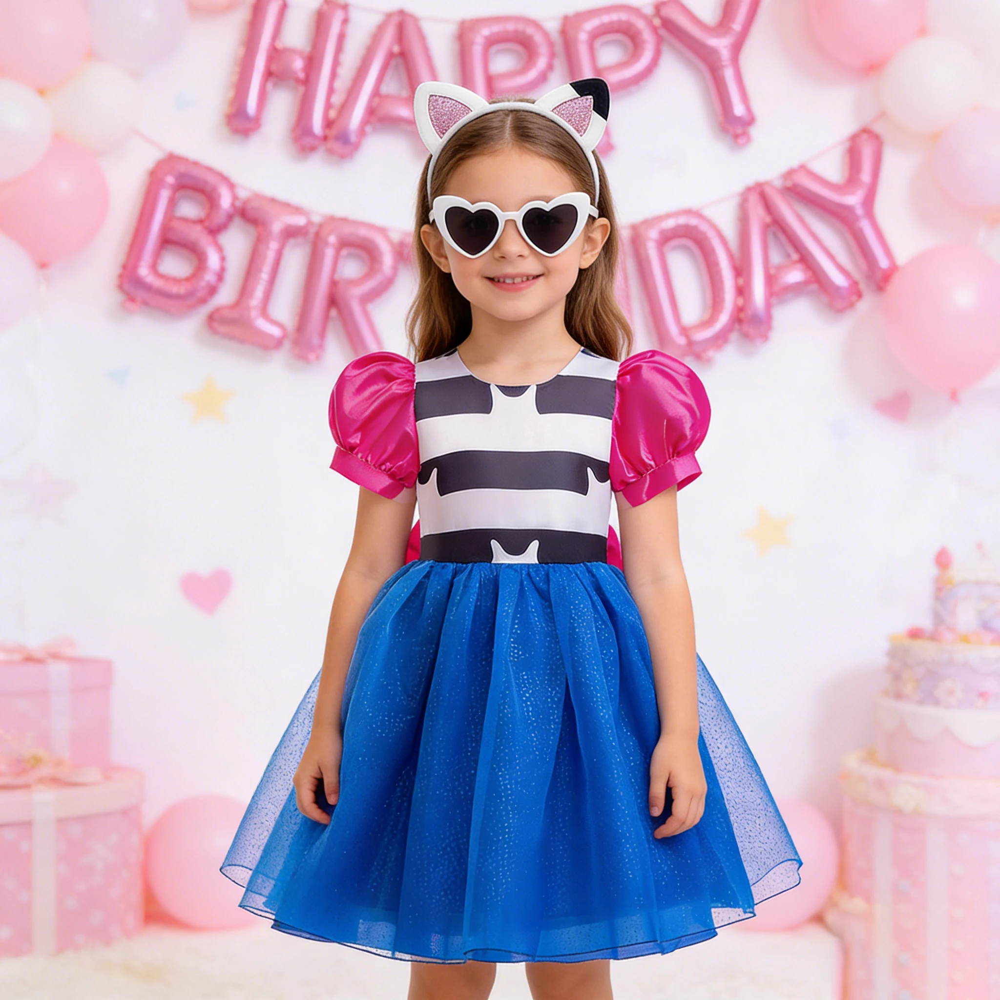 Girls Dress and Headband sunglasses carnival playHouse Cartoon cat Costume 3Pcs Sets Dressup Children Game Play Theme Gown