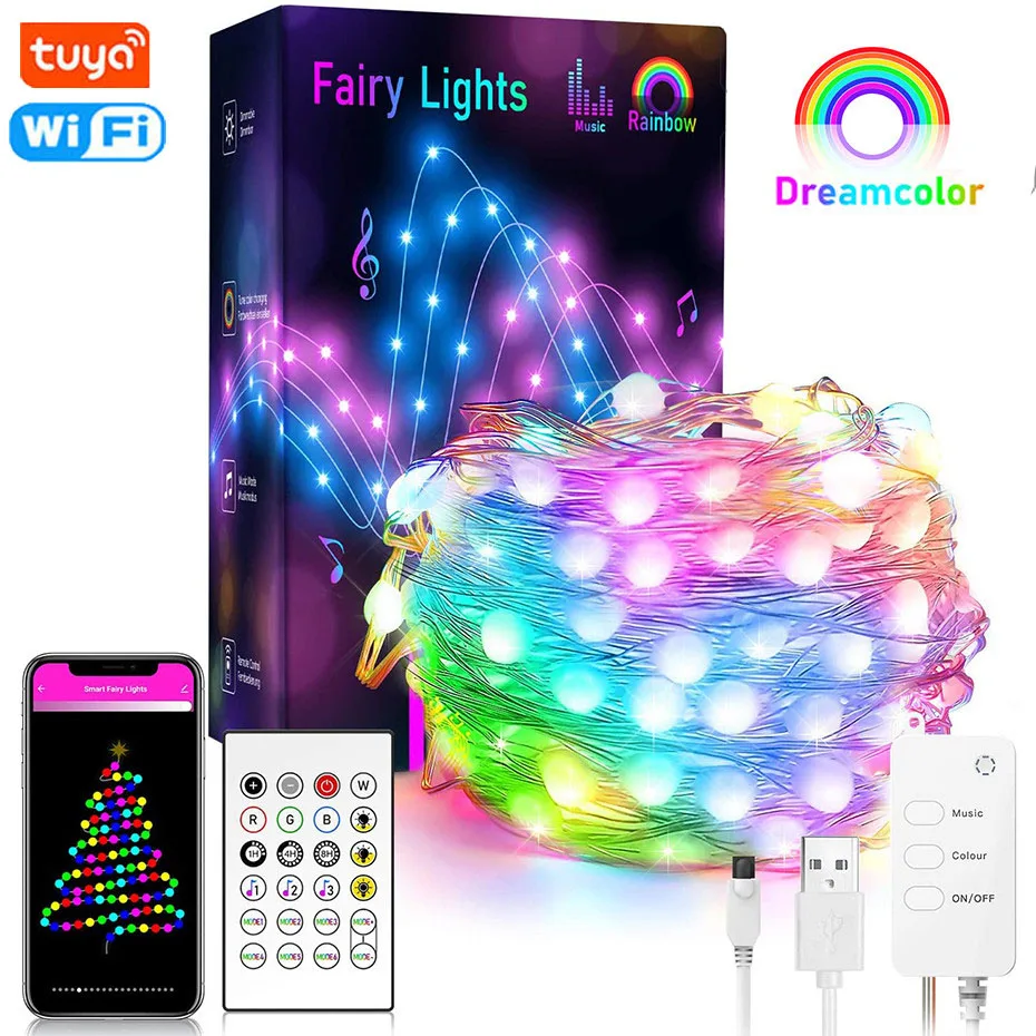 Tuya Smart Wifi LED Fairy Strip Light 10M USB RGBIC Garland Lamp Music Sync Dreamcolor Curtain Light For Bedroom Christmas Decor