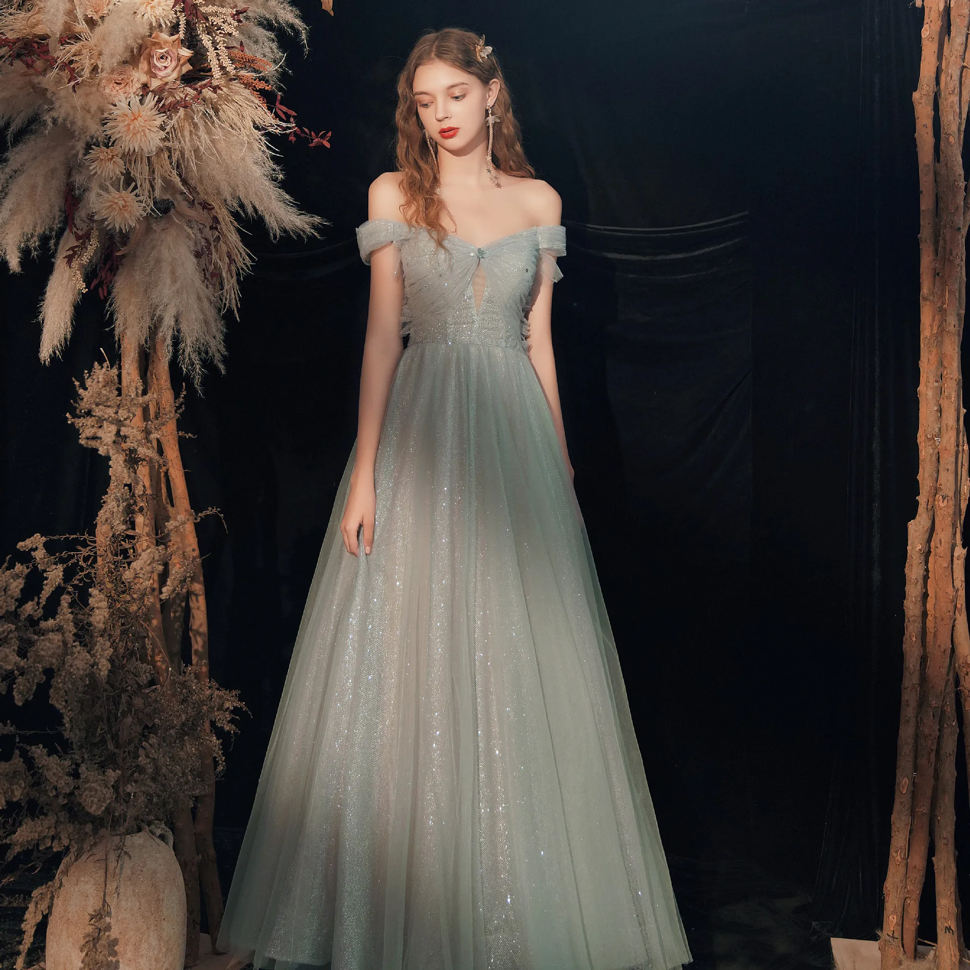 

Green Performance Evening Dress for Women Light Luxury One Shoulder Sparkling Prom Gowns Wedding Party Bridesmaid Dresses