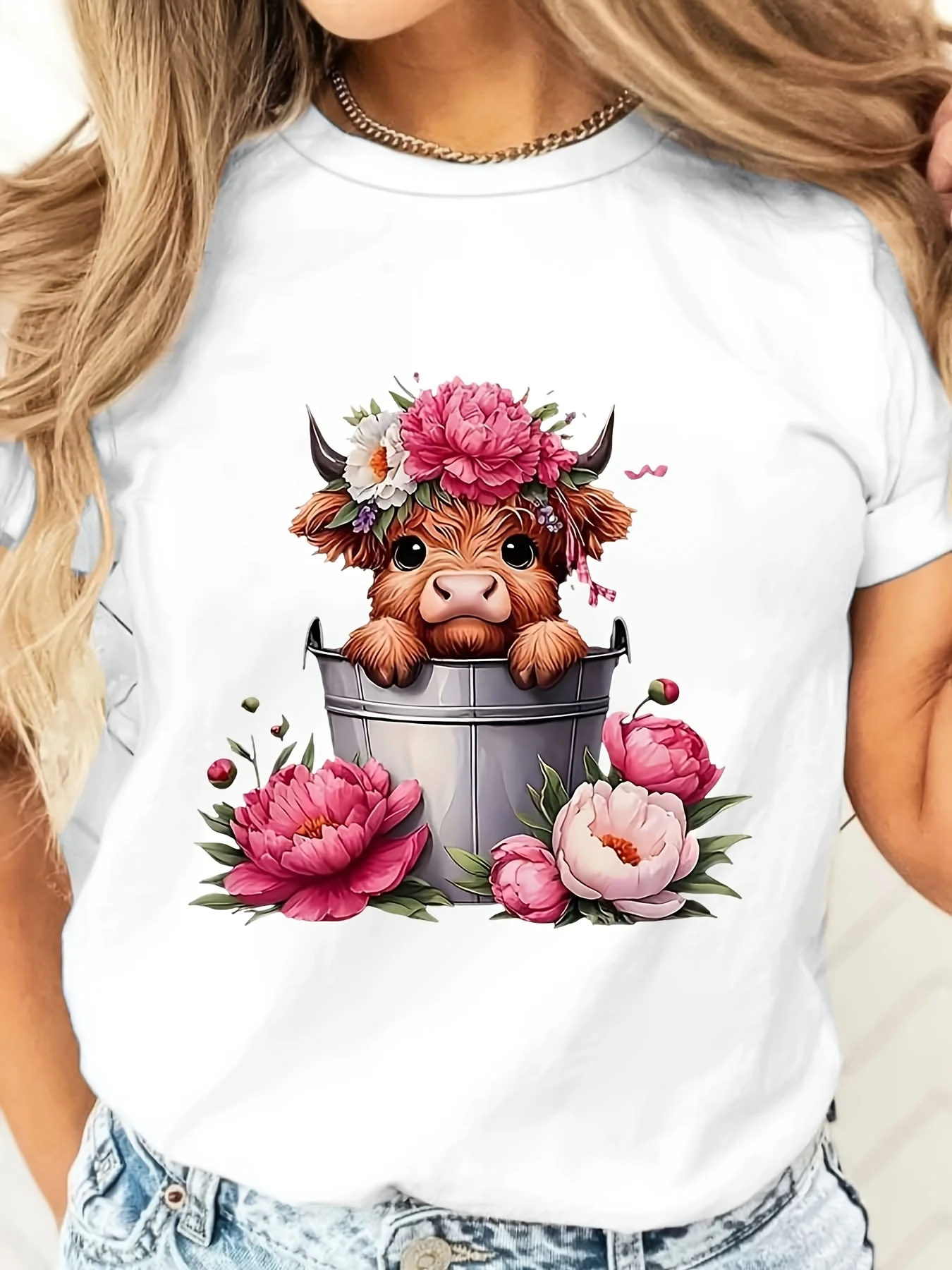Cute Highland Cow With Flowers In Bucket, T-Shirt, Spring Farm Animal Theme, Casual Daily Wear