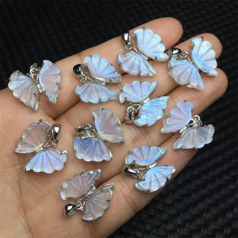 S925 Natural Blue Moon Stone Butterfly Pendant Reiki Healing Fengshui Stone Jewelry For Women Exquisite Gift 1pcs