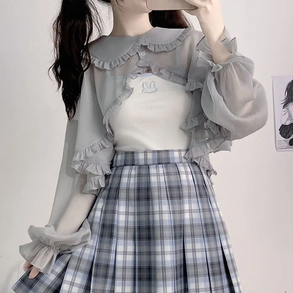 Solid Color Immortal Qi Summer Women Cardigan 2024 New Thin Style Lolita Patchwork Lace Doll Collar Long Sleeved All-match Tops