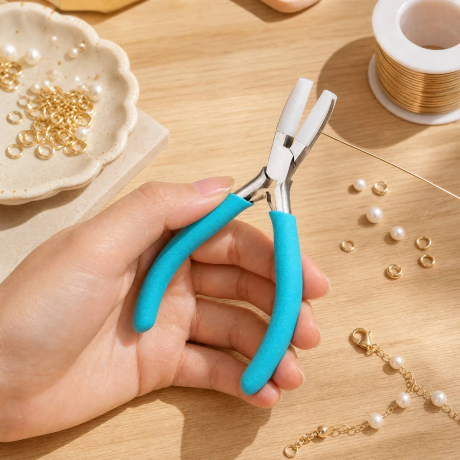 Jewelry Making Plier with Turquoise Handles Scratch-Resistant Stainless Steel Jewelry Plier with Nylon Grip Pads Hand Tool