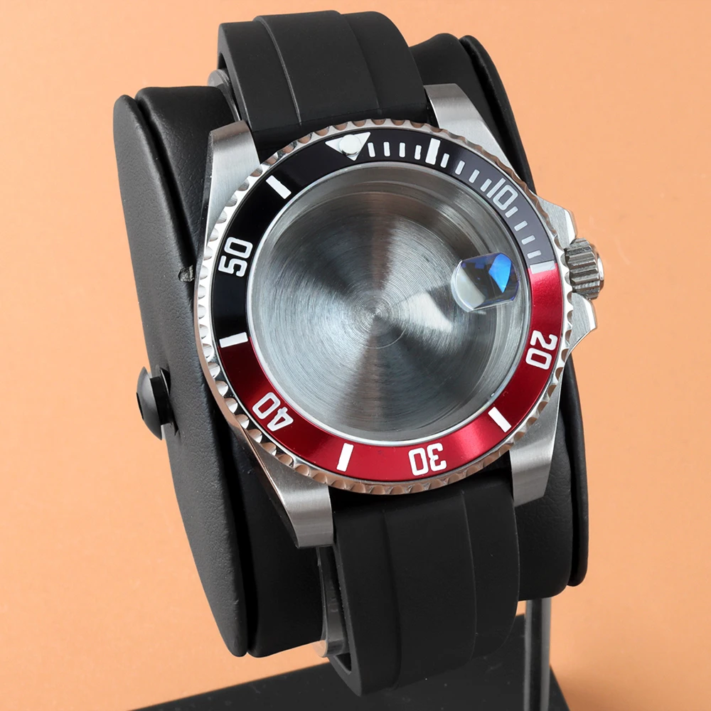 

NH35 40MM Black Red Ceramic Insert Watch Case Rubber Bracelet Fit NH34 NH35 NH36 NH38 Movement Watch Case Stainless Steel