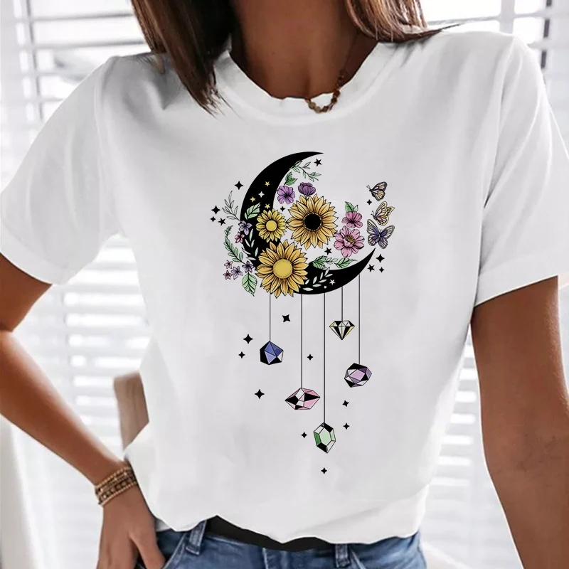 Women's Fashion T Shirt with Butterflies Moon Flowers and Diamonds Print Casual Graphic Tshirt Crew Neck Short Sleeve T-shirt