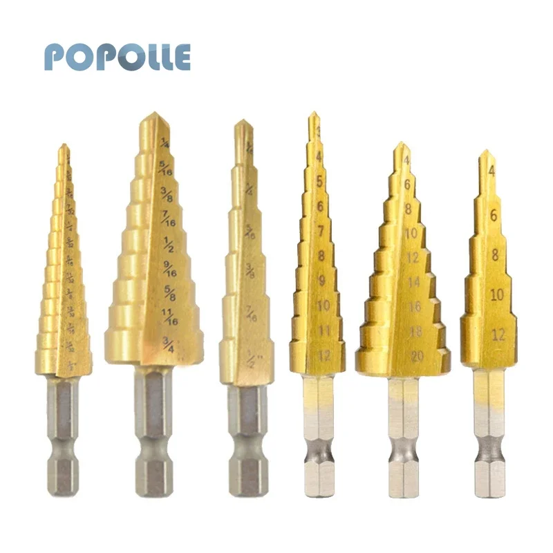

3pcs HSS Titanium-plated Step Drill Bits Straight Slotted Hexagonal Shank Metal Aluminum Plate Thin Iron Reamer Metric/Inch Set