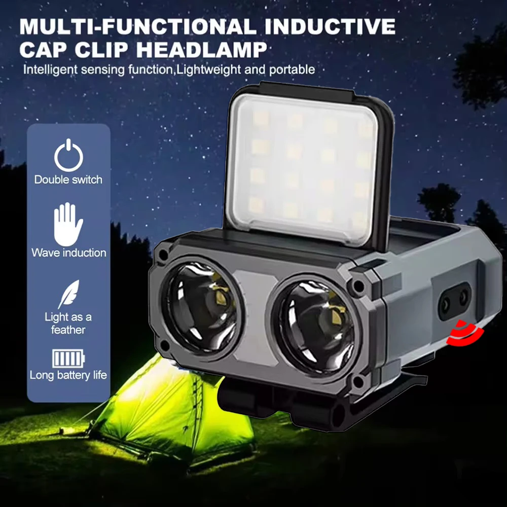 USB Rechargeable Dual Light Source Led Sensor Headlamp Built-in Battery Stepless Dimming Hat Clip Headlight for Camping Fishing