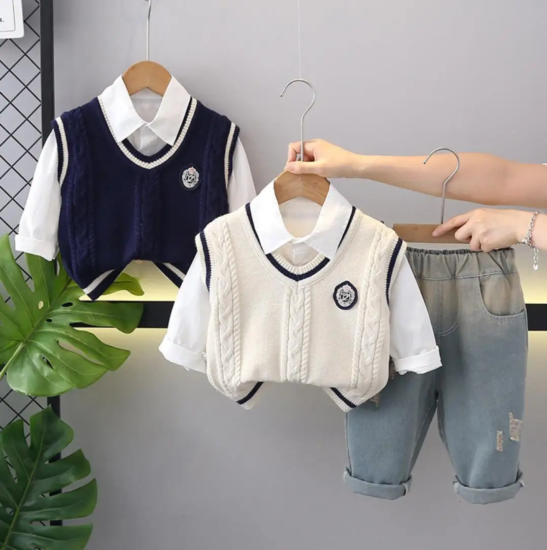 Designer de roupas escolares conjuntos para crianças, malha camisola colete, camisas brancas e calças, Toddler Boys treino, roupas infantis