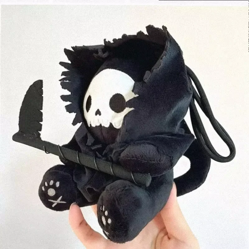 Cartoon Grim Reaper Cat Plush Doll Black Hooded Skeleton Cat Stuffed Toy for Halloween Party Decoration Soft Scary Cat Figure