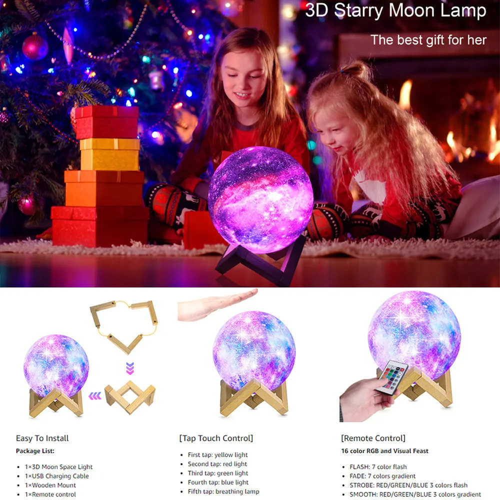 USB Charging Night Light 3D Starry Sky Painted Moon Lamp 16 Color Remote Control Galaxy Lights For Bedroom Decoration Table Lamp