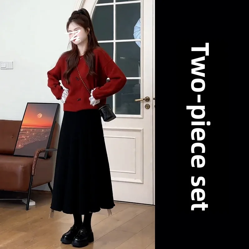 

Новогодний фестивальный комплект: вязаный свитер с эффектом омоложения, красный, осень-зима, новинка, элитный стиль, юбка, модный комплект