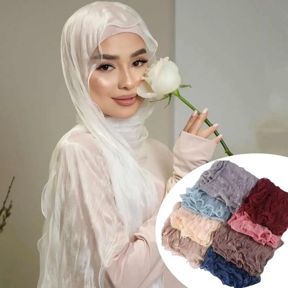 High Qulaity Solid Color Silk Scarf Shining Ruffled Edge Sunscreen shawl Chiffon Soft Head Wrap Outdoor Head Wrap