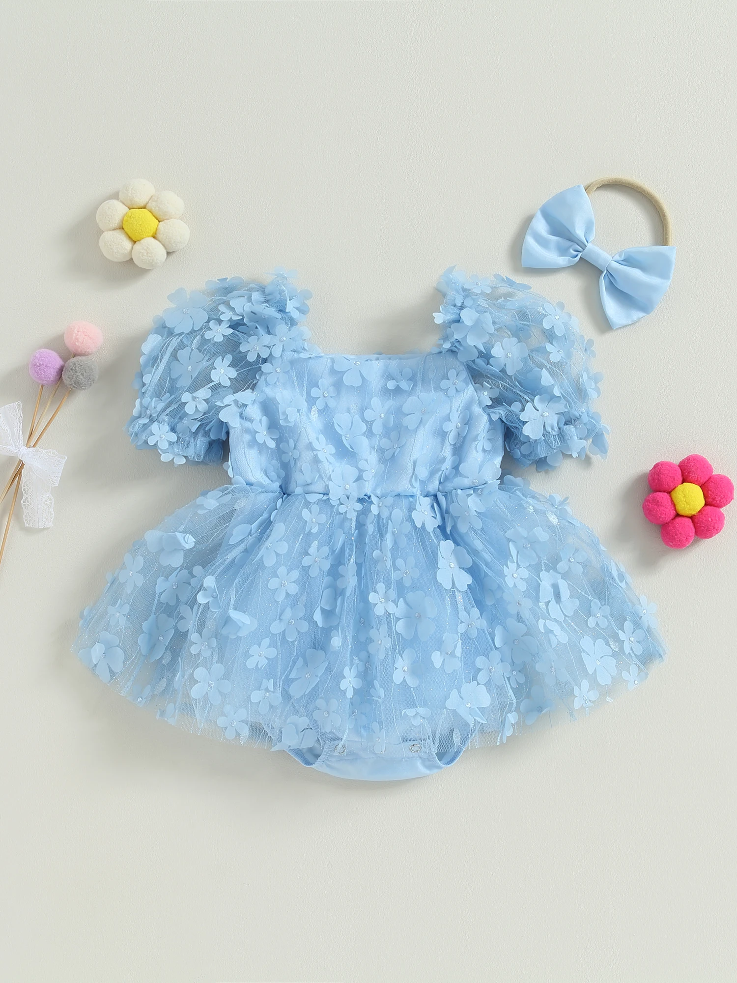 Cute Floral Embroidered Mesh Romper Dress with Headband for Infant Girls - Stylish Short Sleeve Jumpsuit for Casual Summer