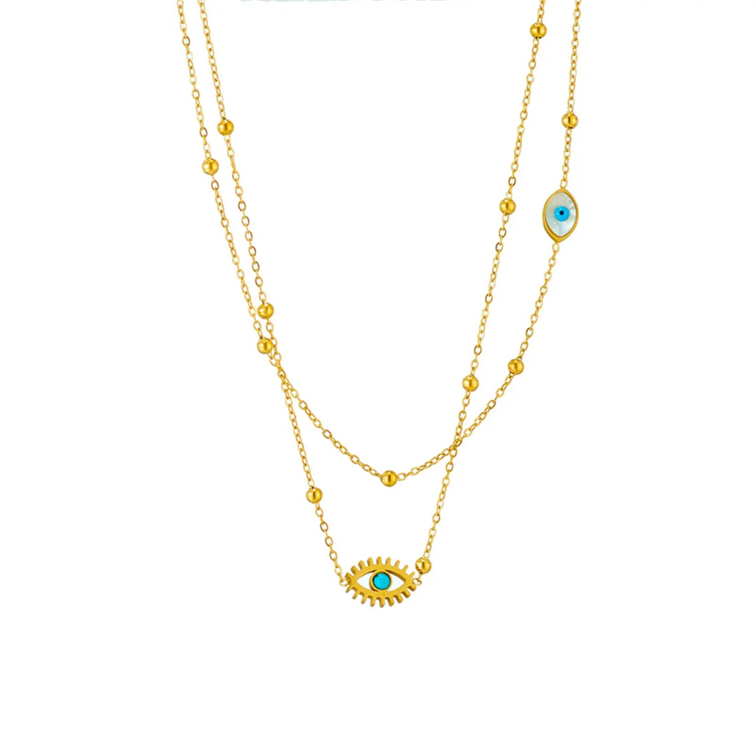 

Vintage Turkey Evil Eye Charm Pendant Female Gold Color Stainless Steel 2 Layer Chain Link Necklaces for Women Fashion Jewelry