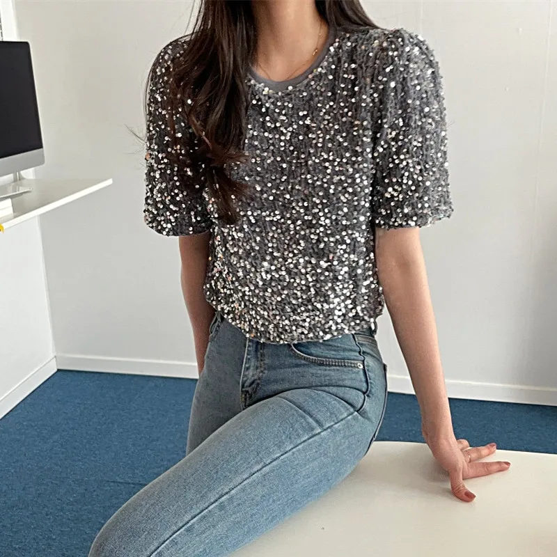 Top corto de lentejuelas de manga corta para mujer, ropa de calle Harajuku, Camiseta brillante Sexy para mujer, primavera y verano, envío directo