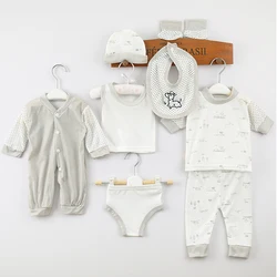 8Piece Spring Girl Boy Clothes Korean Cartoon Cute Stripe Print Tops+Pants+Jumpsuits Baby Clothing Newborn Hospital Set BC2149-1