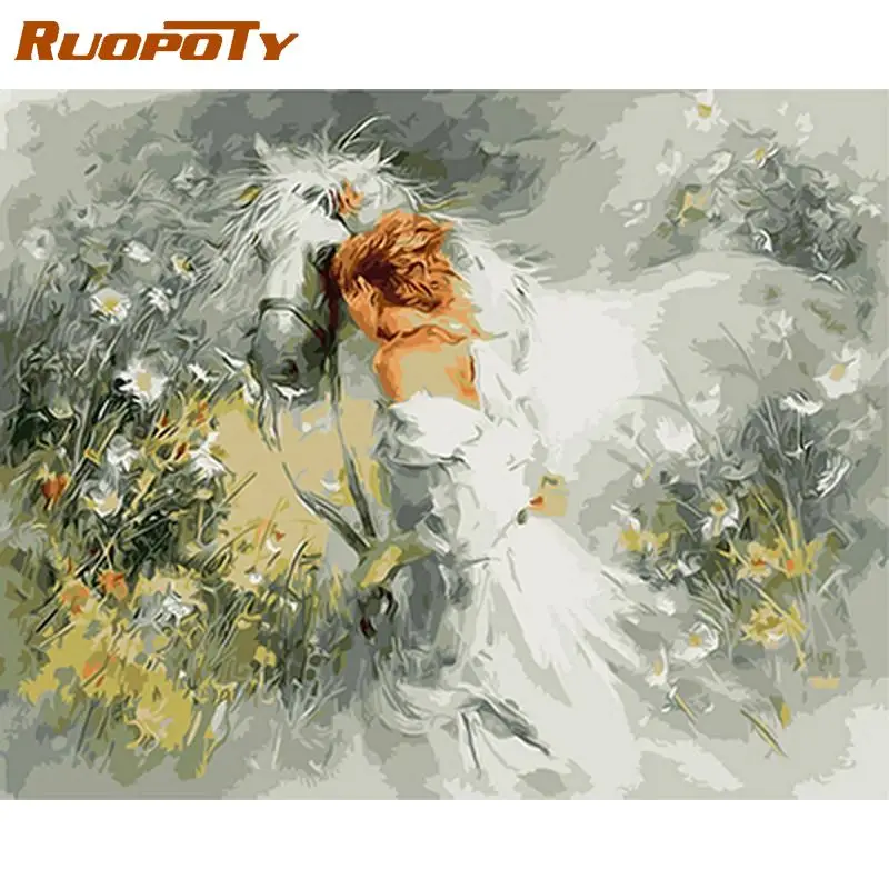 

RUOPOTY Acrylic Painting By Numbers Handmade Pictures On Numbers Horse And Girl Canvas Painting Wall Art Gift For Beginners