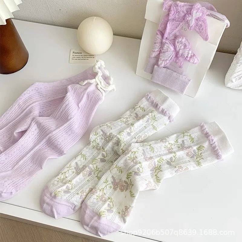 

Летние женские хлопковые носки с цветочным принтом и бабочкой 2025 года — легкий дизайн до середины икры в стиле бохо в лес